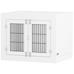 PawHut Dog Crate Furniture with 360° Rotatable Removable Dog Bowls, Dog Kennel Furniture for Medium Dogs, White