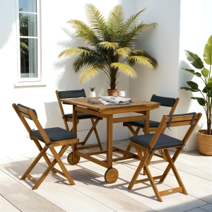 Outsunny 5 Pieces Wood Patio Dining Set, Wheeled Patio Table and Folding Chairs with Cushions for Garden Backyard Poolside, Teak