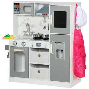 Qaba Play Kitchen Set for Kids W/ Lights Sounds, Apron and Chef Hat, White