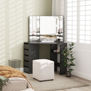 HOMCOM Makeup Vanity Table with 3-Panel Mirror and 10 LED Lights, Dressing Table with 5 Drawers and Shelves for Bedroom, Black