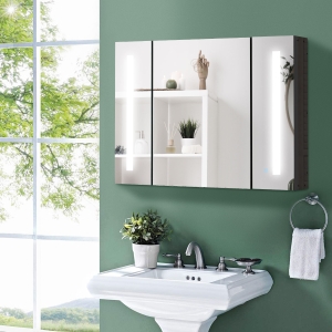 kleankin Medicine Cabinet with Mirror, Wall Mounted Bathroom Mirror Cabinet with Adjustable Shelf, USB Charge, High Gloss Black