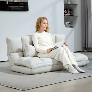 HOMCOM Convertible Floor Sofa, Foldable 2-Seater Lazy Sofa Sleeper with 9-position Backrest and 2 Pillows Cream White