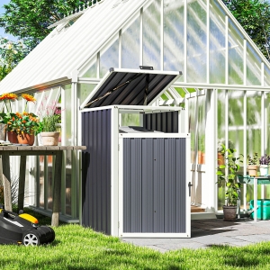 Outsunny Single Garbage Bin Shed, Lockable Outdoor Storage Shed with Openable Lid, Galvanized Frame for Garden Patio, Dark Grey