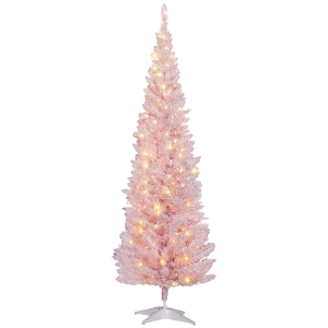 HOMCOM 6ft Pencil Christmas Tree, Slim Artificial Christmas Tree with Realistic Branches and Warm White LED Lights, Pink