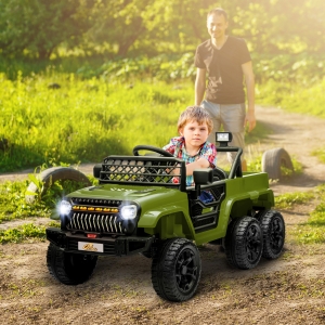 Qaba 12V 4WD/2WD Kids Electric Car w/ Remote Control, Spring Suspension, Back Trailer, Light, Music, Soft Start, Dark Green
