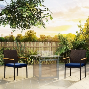 Outsunny Stackable Wicker Patio Chairs Set of 2 with Removable Cushion, Armrest for Garden, Porch, Yard, Navy Blue