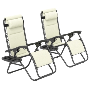 Outsunny Zero Gravity Lounge Chair Set, 2 Pieces Reclining Folding Outdoor Lounge Chairs with Headrest Side Tray, Cream