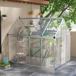 Outsunny 6' x 8' Walk-in Polycarbonate Greenhouse Aluminium Green House with 2 PC Panel Types, 5-Level Roof Vent, Rain Gutter