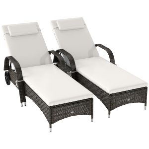 Outsunny 2 Reclining Chaise Lounge Chairs, Rolling Outdoor Chairs with Cushion, Pillow, Headrest, Armrests, and Wheels, Cream