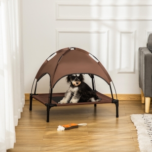 PawHut Elevated Dog Bed with Canopy, Portable Raised Dog Cot for M Sized Dogs, Indoor & Outdoor, 30" x 24" x 29", Coffee