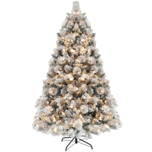 HOMCOM 6.5 ft Prelit Flocked Artificial Christmas Tree with 350 Clear Lights, 1107 Tips, Metal Stand for Home Office Holiday