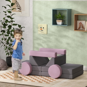 Qaba 12-Piece Modular Kids Play Couch Building Fort for Playroom Bedroom, Convertible Kids Sofa, Grey