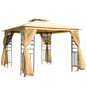Outsunny 10' x 10' Metal Patio Gazebo, Double Roof Outdoor Gazebo Canopy Shelter with Tree Motifs Corner Frame and Netting, for Garden, Lawn, Backyard, and Deck, Beige