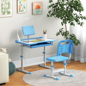Qaba Kids Desk and Chair Set Height Adjustable Student Writing Desk Children School Study Table with Tilt Desktop, Blue