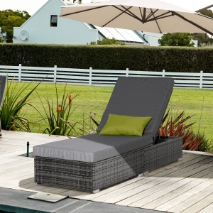 Outsunny Patio Wicker Lounger, Outdoor PE Rattan Single Chaise Lounge w/Adjustable Recliner Backrest, Cushion, & Pillow, Grey