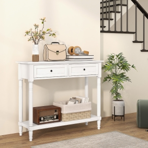 HOMCOM Hallway Console Table, Modern Entryway Table with 2 Drawers, Storage Shelf, Turned Legs for Living Room, Bedroom, White