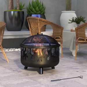 Outsunny Outdoor Metal Fire Pit, 24" Round Firepit Bowl w/ Lid Grill Poker Handles for Garden, Camping, BBQ, Bonfire, Black