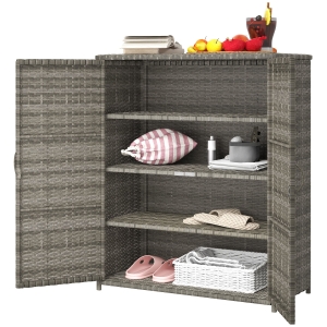 Outsunny Rattan Wicker Outdoor Storage Cabinet with 4 Shelves and 2 Doors for Garden Pool Towel Storage, Mixed Gray