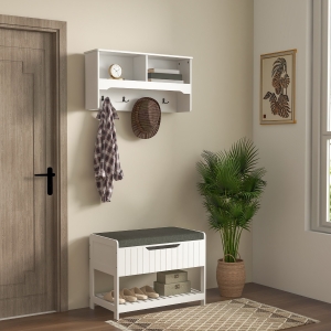 HOMCOM Wall Mounted Coat Rack with Shoe Storage Bench, Hall Tree and Bench, Clothes Hanger Rack with Shelves for Hallway White