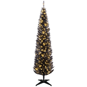 HOMCOM 7ft Pencil Christmas Tree, Slim Artificial Christmas Tree with Realistic Branches and Warm White LED Lights, Black