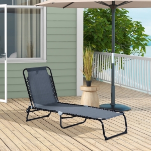 Outsunny Outdoor Folding Lounge Chair, 4-Level Adjustable Chaise Lounge with Headrest, Tanning Chair Beach Bed, Reclining Lounger Cot for Camping, Hiking, Backyard, Grey