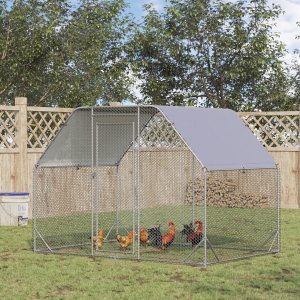 PawHut Chicken Run, Galvanized Large Metal Chicken Coop Cage, Walk-in Enclosure Poultry Hen Run House Playpen Rabbit Hutch with Flat Roof, Cover, 9.2' x 6.2' x 6.5', Silver