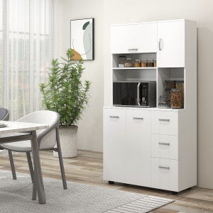 HOMCOM Freestanding Kitchen Microwave Cabinet Tall Cabinet with Doors Drawers Shelves, White