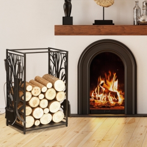 HOMCOM 18.1" x 11.8" x 27.6" Firewood Rack with 4 Tools, Log Holder for Fireplace, Outdoor Indoor Wood Storage Stacker, Black