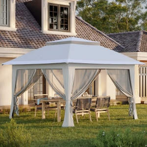 Outsunny 12' x 12' Foldable Pop-up Party Tent Instant Canopy Sun Shade Gazebo Shelter Steel Frame Oxford w/ Roller Bag, Light Grey