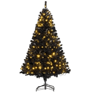 HOMCOM 6 FT Tall PreLit Artificial Christmas Tree with Realistic Branches, 250 Warm White LED Lights and 1000 Tips, Black