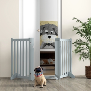 PawHut 3-Panel Foldable Dog Gate with Feet for Medium Dogs and Below, Grey