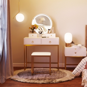 HOMCOM Makeup Vanity Table Set with 3-Color Touch Screen Dimmable Lighted Mirror, Dressing Desk with 4 Drawers and Cushioned Stool for Bedroom, White