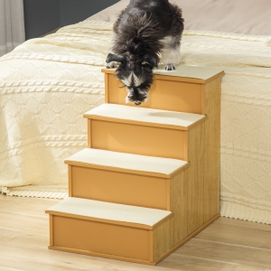 PawHut Dog Steps Pet Stairs for Bed Cat Ladder for Couch with Non-Slip Carpet, 15.7" x 23.2" x 21.3", Natural Wood