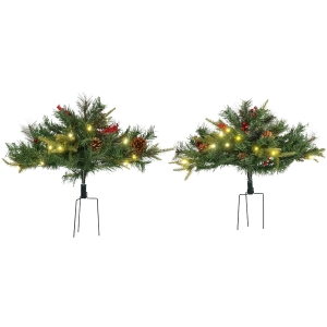 HOMCOM 2 Ft/22 inch 2 Pack Prelit Artificial Christmas Tree Cordless with 69 Branches, Warm White LED Lights, Red Berries, Pine Cones, for Outdoor Entryway, Green