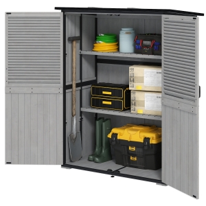 Outsunny Wood Storage Shed, Outdoor Garden Shed with Asphalt Roof, 2 Shelves, Lockable Doors and Adjustable Feet, Gray