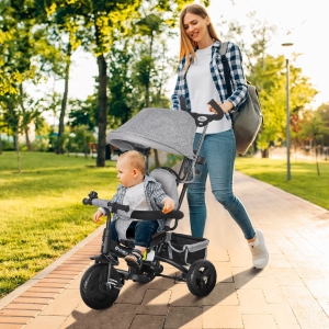 Qaba 6 in 1 Toddler Tricycle Stroller with Basket, Canopy, 5-point Safety Harness, for 12-60 Months, Grey