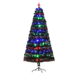 HOMCOM 7ft Prelit Artificial Christmas Tree with LED Lights, Multicolored Fiber Optics and Realistic Branch Tips, Black