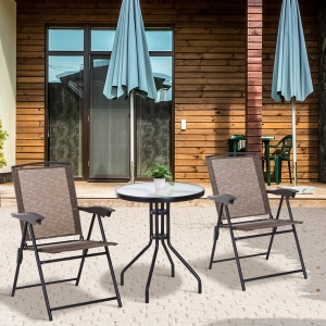 Outsunny Folding Outdoor Bistro Set, Patio Table and Chairs with Reclining Backrest and Round Dining Table, Brown