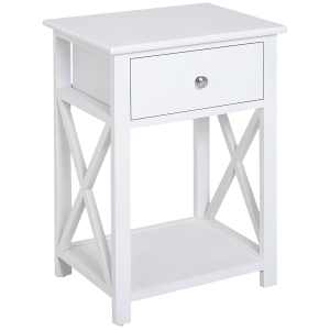 HOMCOM Side Table, Farmhouse End Table with Storage Drawer, Open Shelf and X-Frame, Bedside Table for Living Room, White