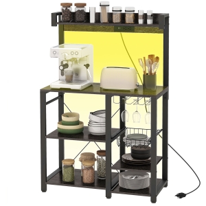 HOMCOM Industrial Kitchen Bakers Rack with Charging Station, RGB Lights, Glass Holders and Open Shelves, Gray
