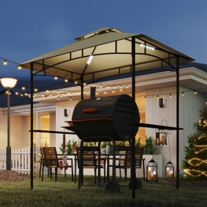 Outsunny 8' x 5' Outdoor Grill Gazebo, Double Tiered Barbecue Grill Gazebo Shelter with 2 Side Shelves, Hooks, Beige