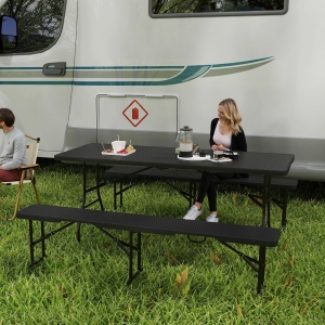 Outsunny 6FT 3PCS Faux Rattan Outdoor Camping Table Bench Set with Carrying Handles, Folding Picnic Table with 2 Benches, Black