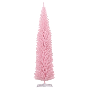 HOMCOM 8ft Unlit Pencil Artificial Christmas Tree with Realistic Branches and 618 Tips, Plastic Base, Pink