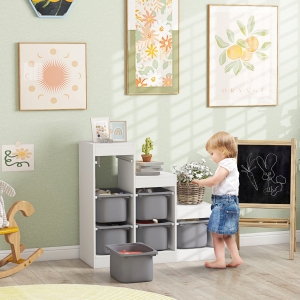 Qaba 3 Layers Toy Storage Organizer Kids Bookshelf Children Toy Storage w/ 6 Plastic Bins, Grey