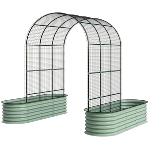 Outsunny Raised Garden Beds Set with Arch Trellis, Climbing Net, Galvanized Planter Box for Climbing Vegetables Flowers Herbs