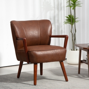 HOMCOM Accent Chair, Modern Armchair, Faux Leather Upholstered Living Room Chair with Wood Legs and Wide Padded Seat, Brown