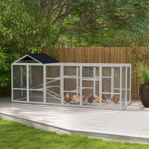 PawHut 142" Outdoor Wooden Chicken Coop with Run, Ramps, Perches, Storage, Combinable Design for 6 - 10 Chickens, Grey