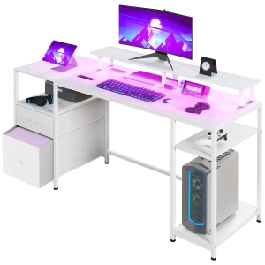 HOMCOM 61" Computer Table with LED Lights, PC Desk with Power Outlets, USB Ports, Storage, Wireless Remote, Distressed White