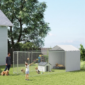 PawHut Galvanized Steel Dog Kennel Outdoor with Waterproof & UV-Resistant Cover for Large Dogs, 19.7' x 7.5' x 7.5'
