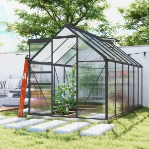 Outsunny 6' x 12' x 6.5' Polycarbonate Greenhouse, Walk-in Green House with Adjustable Roof Vent Galvanized Base Sliding Door Rain Gutter for Outdoor Garden Backyard, Charcoal Grey